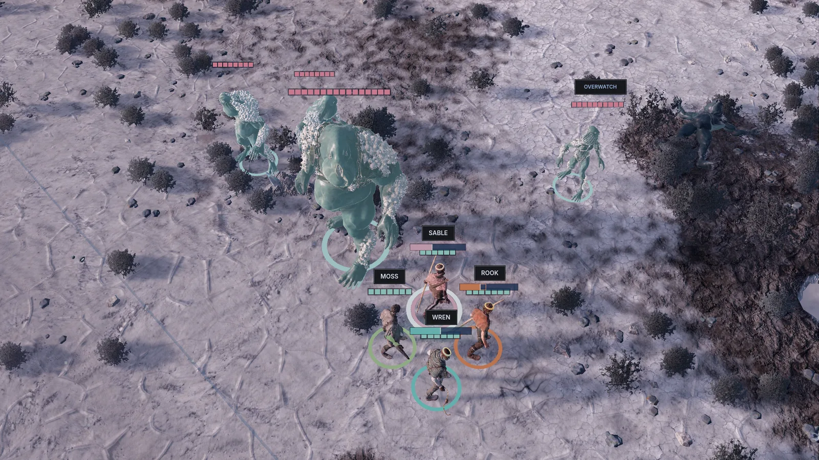 A close firefight on a brine shore at dusk: four exiles face Brine Choir Choristers and the giant Bourdon across cracked salt