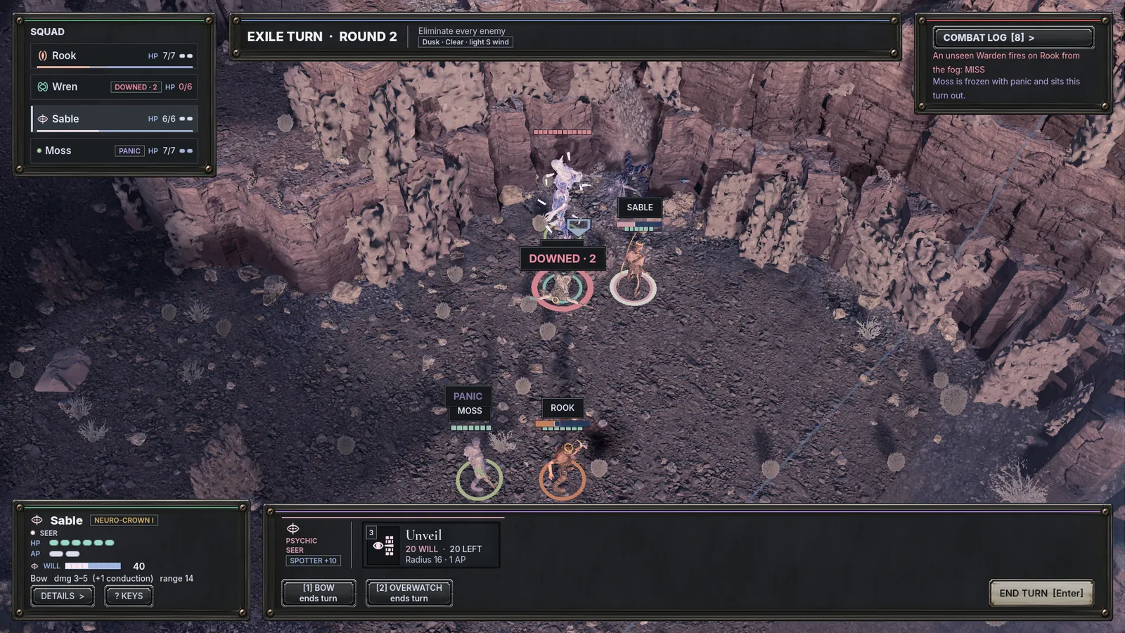 Round two in a canyon at dusk: the squad among rock pillars facing Glass Court Wardens and a Lucent, one exile downed, with the squad roster, the selected exile's card and the combat log