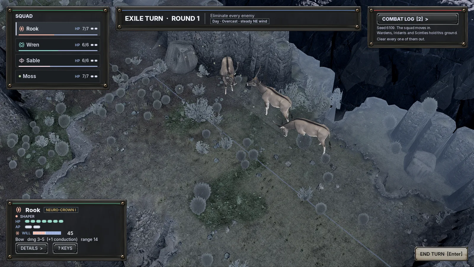 Three Leptobos, lean wild oxen with dark stripes along their backs and long upright horns, grazing on a steppe terrace