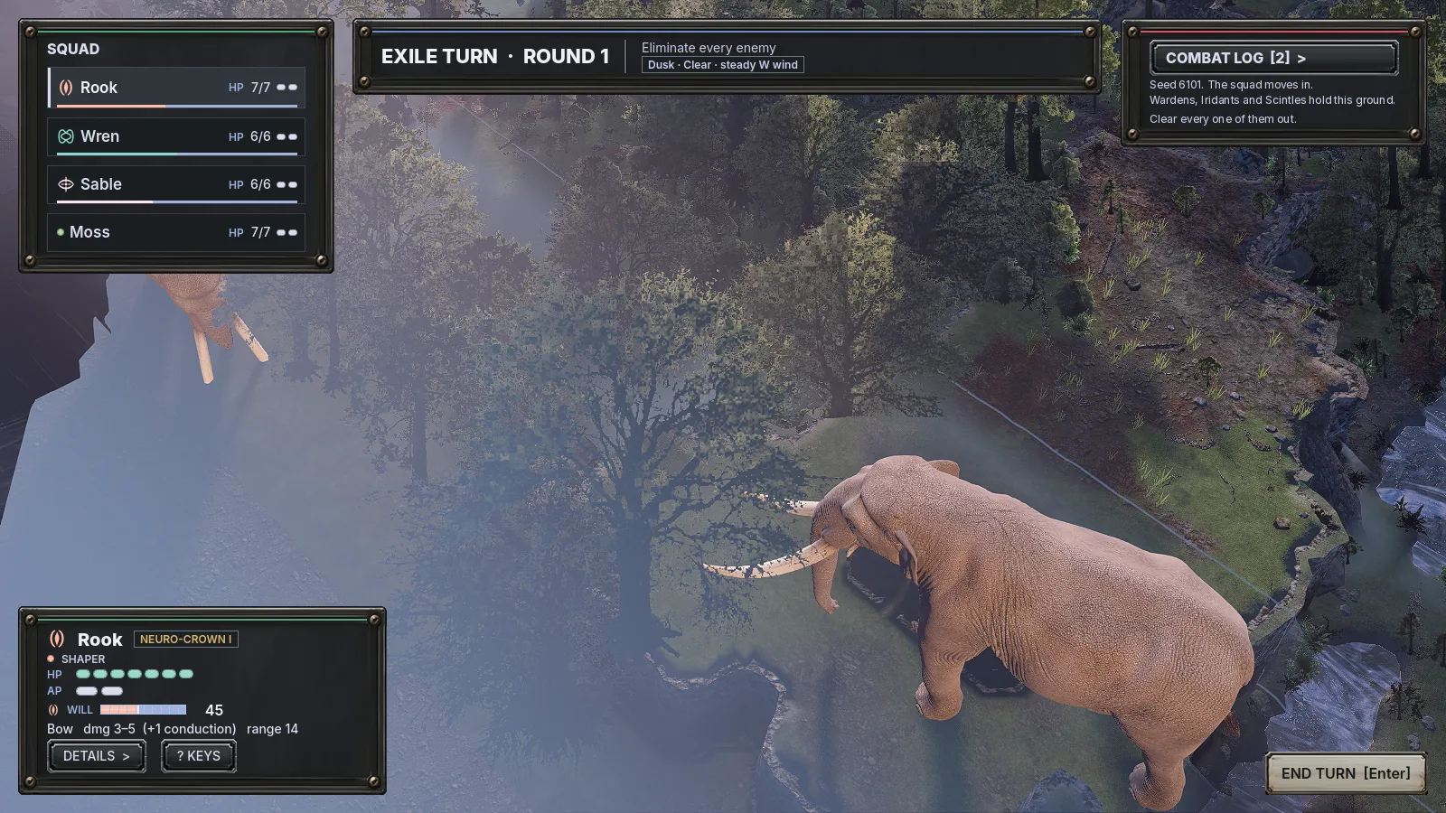 A mastodon at the lip of a forest cliff beside a stream, its long tusks pointing down toward the board