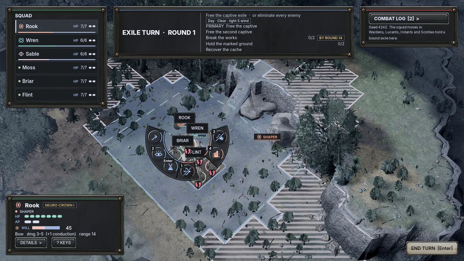 Six exiles on the deploy edge of a parkland board, the squad roster with six rows and the objectives list at the top