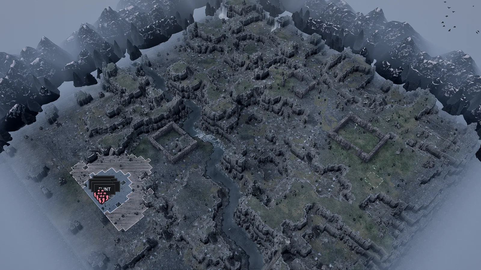 A highland battlefield seen whole from above: a river down the middle with ruins, terraces and cliff steps either side