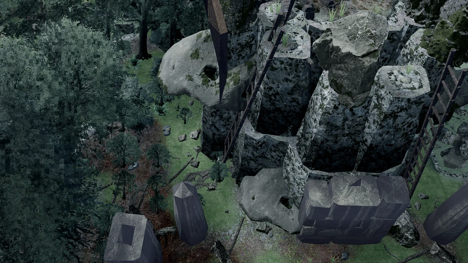 A timber pole ladder against a canyon cliff face