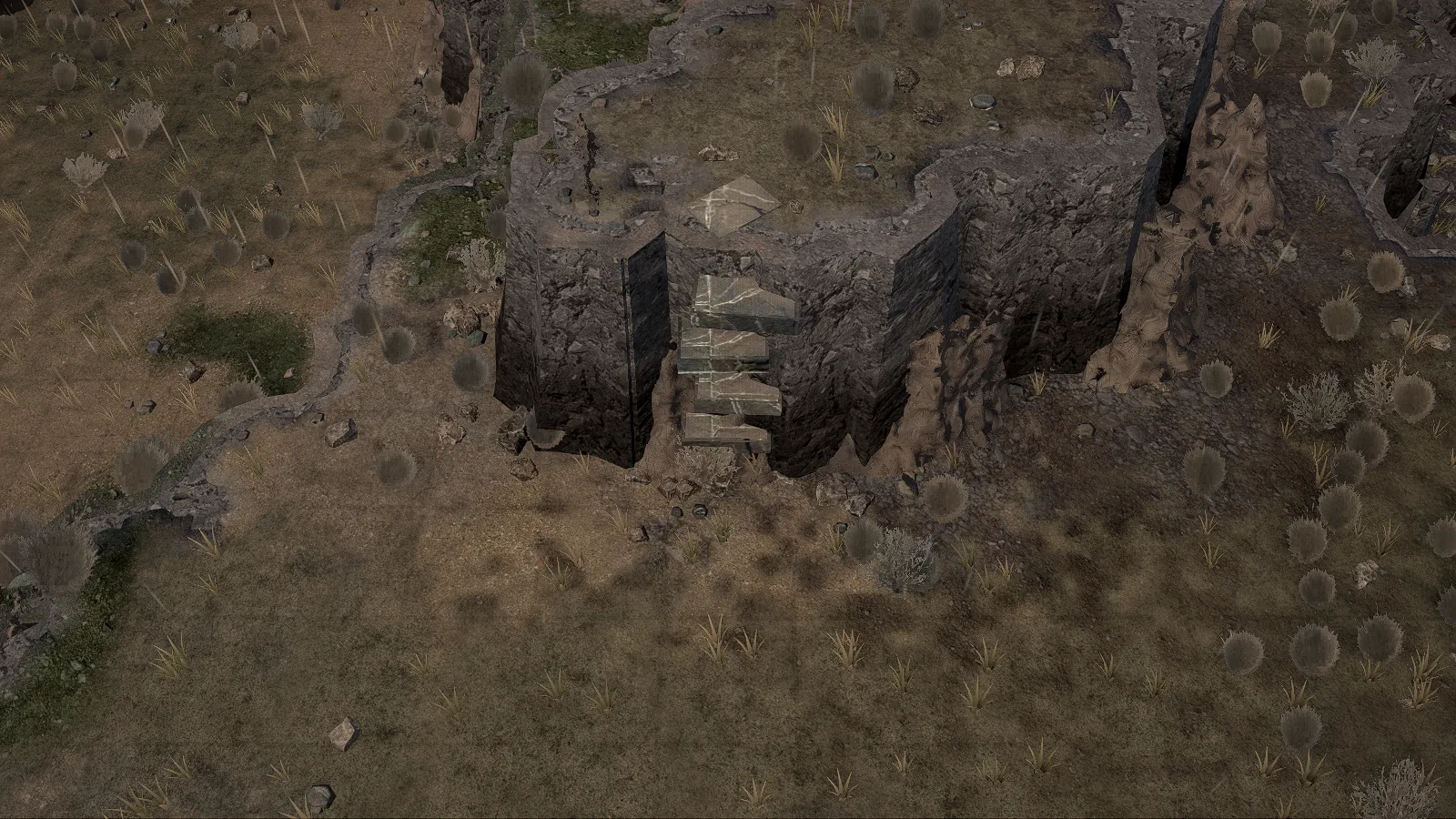 Cut footholds in a canyon cliff, broad stone steps stacked up the face beside the squad on the flat below