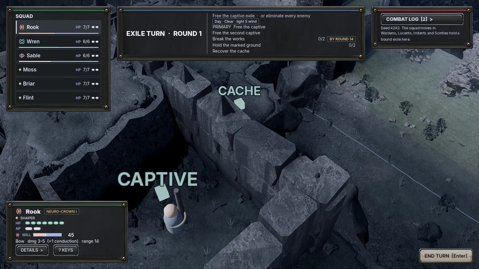 A Captive marker beside a bound exile in a gully and a Cache marker on a ruined wall above, the objectives list across the top