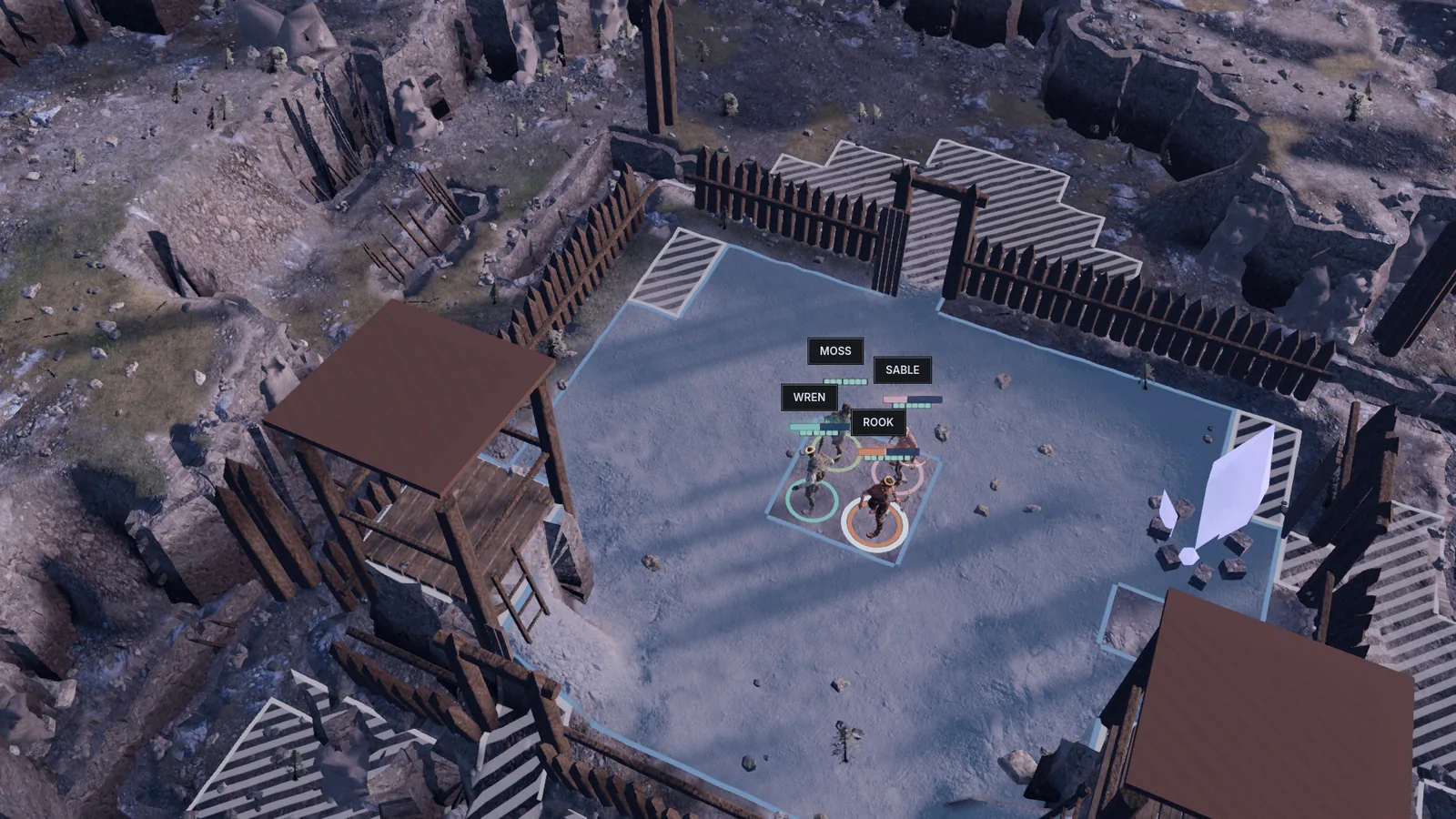 Defending the camp: the squad inside a palisade with a gate, watchtowers and a crystal ward