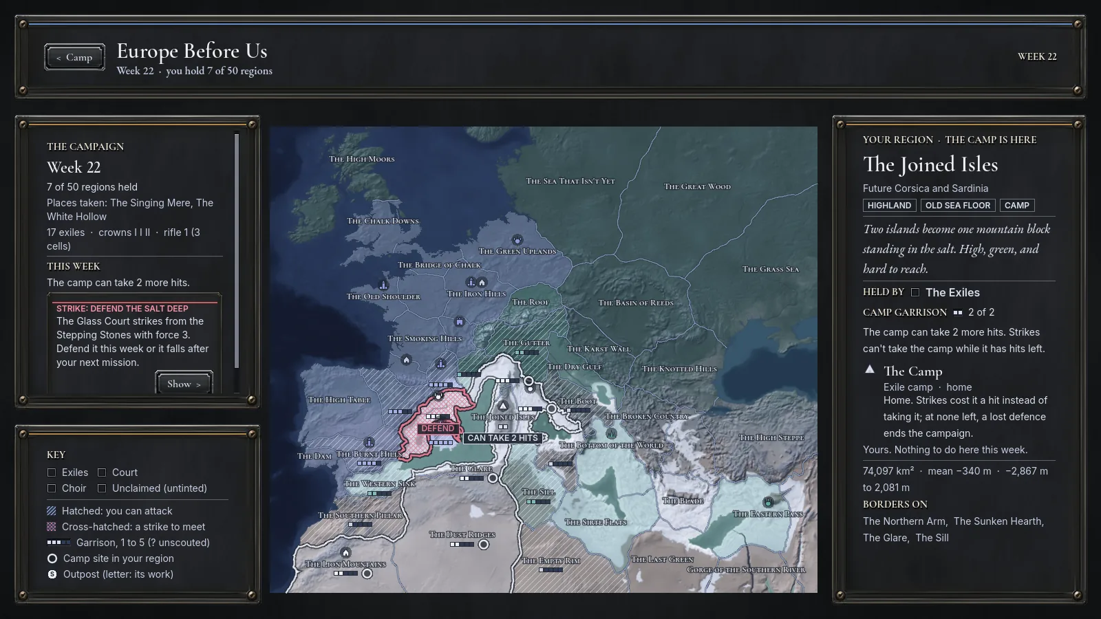 The campaign map of Europe six million years ago, divided into regions held by the exiles, the Glass Court and the Brine Choir