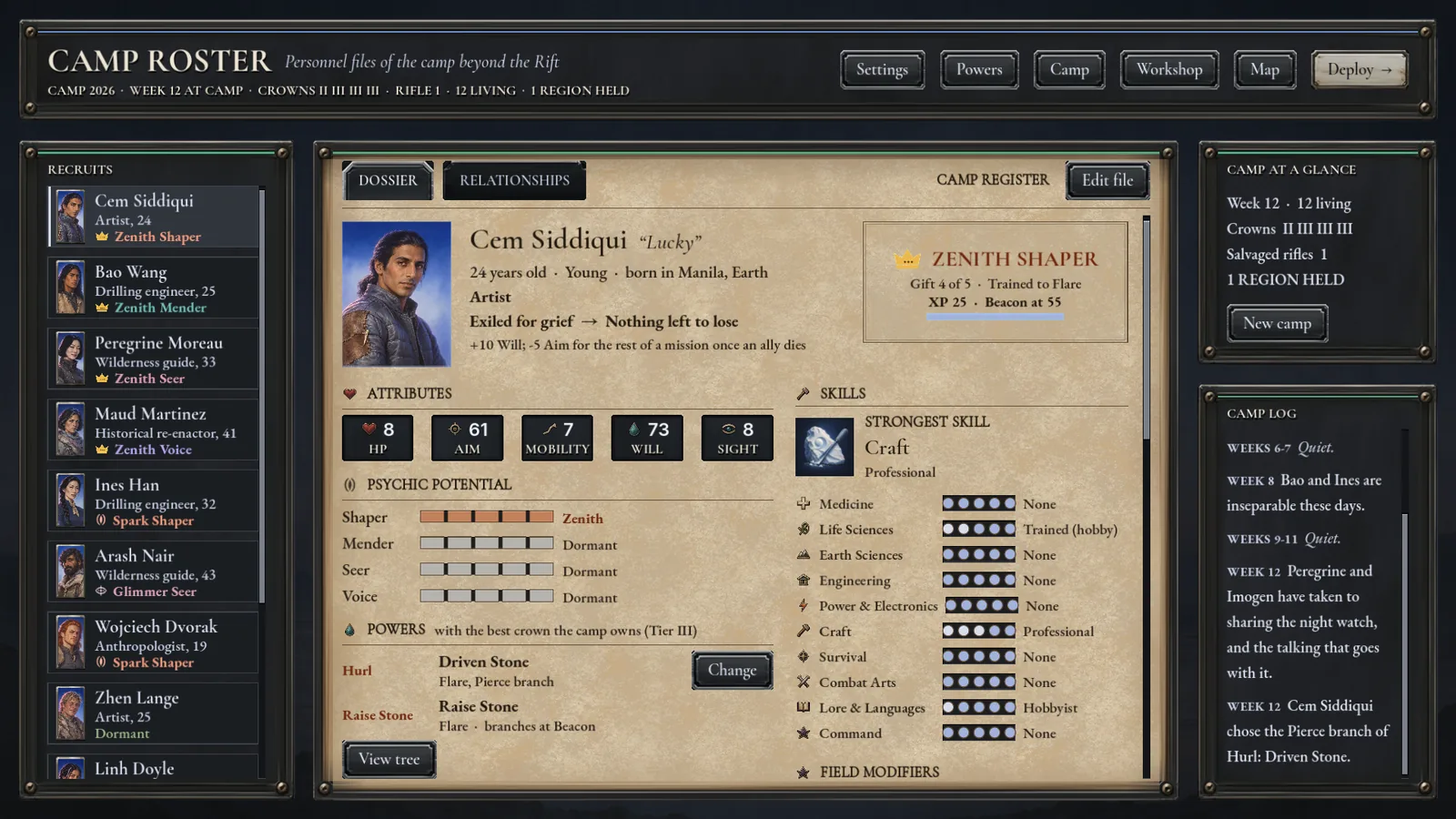 An exile's dossier at camp: portrait, past, skills, psychic potential and bonds