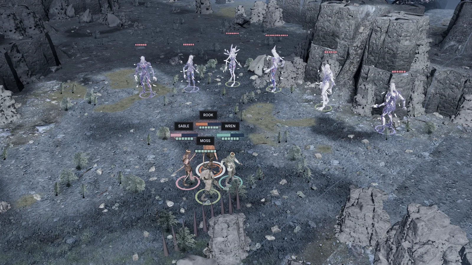 Glass Court Wardens, Lucents, Iridants and Scintles in stained-glass armour on a highland by day, facing the squad