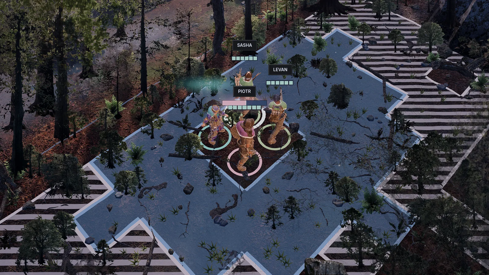 Four exiles close on a forest board in their own bodies, in hide, bone and plate, one wearing a gold crown