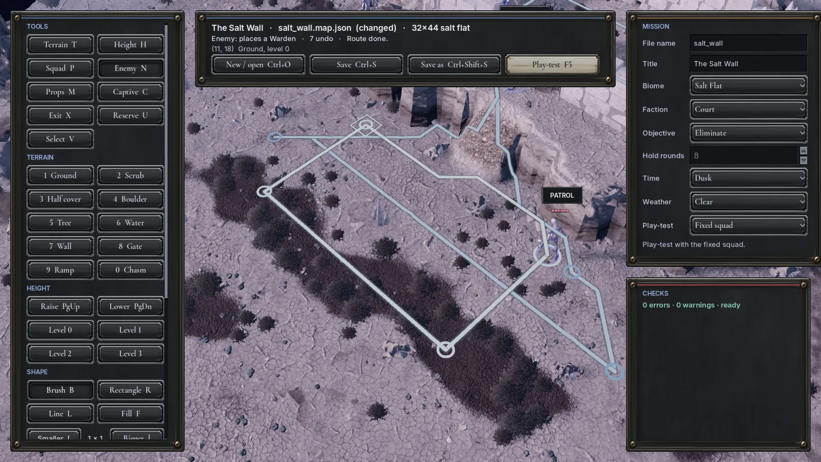 The map editor setting a Warden's patrol route: a loop of waypoints over the salt flat, with terrain and height tools