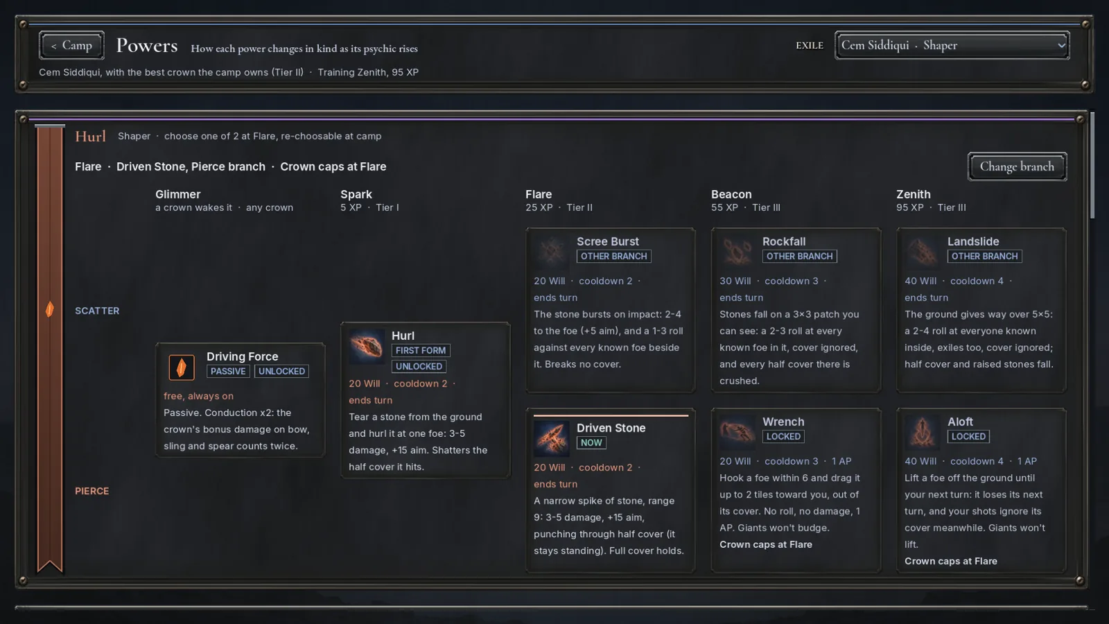 The psychic powers screen: each discipline's forms laid out by rank, with branch choices and the exile's current position