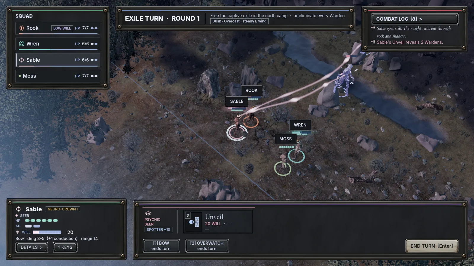 A Seer casts Unveil: threads of light run out through the fog and reveal two hidden Wardens