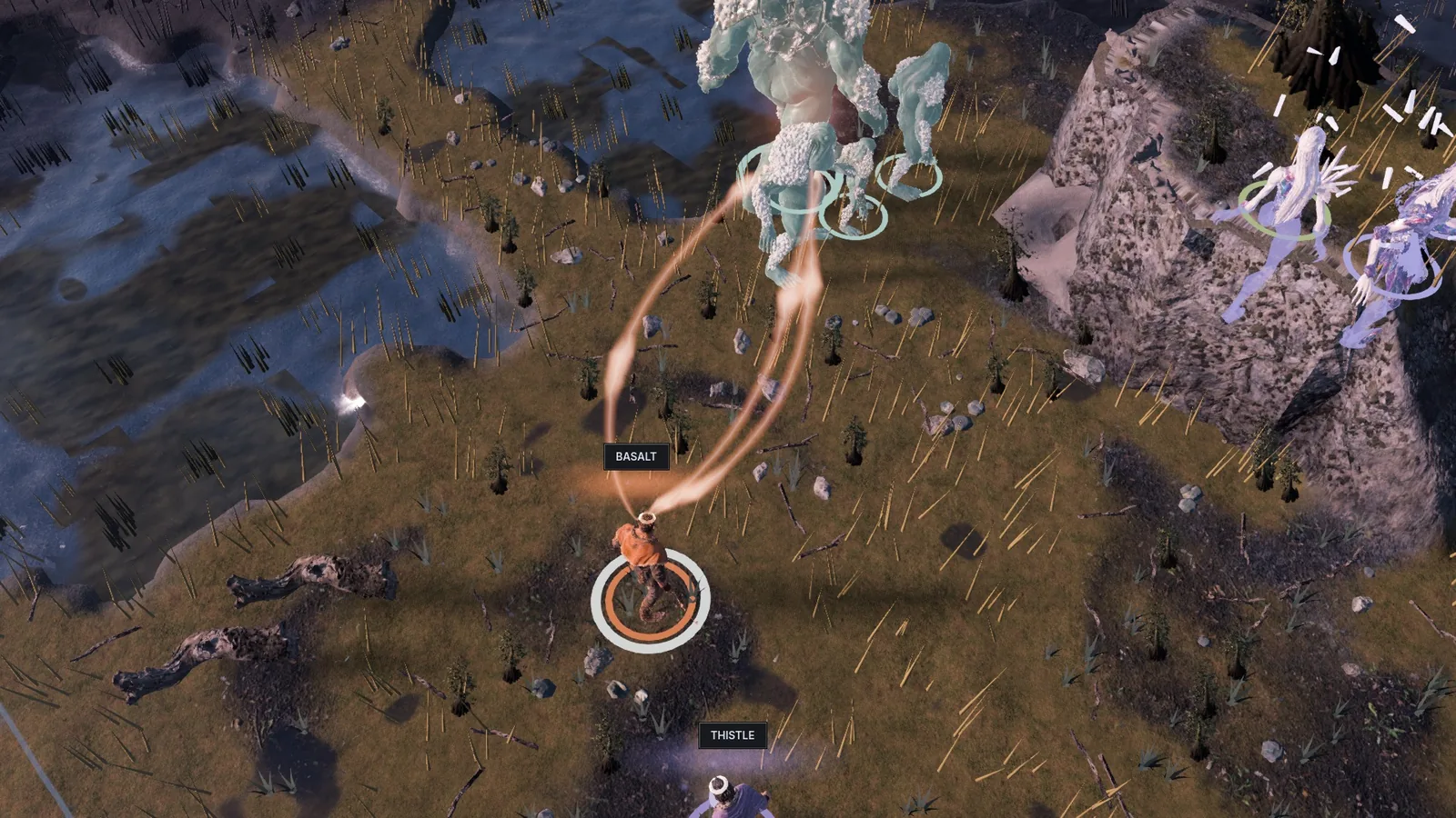 Aloft: looping threads lift a Brine Choir fighter off the marsh