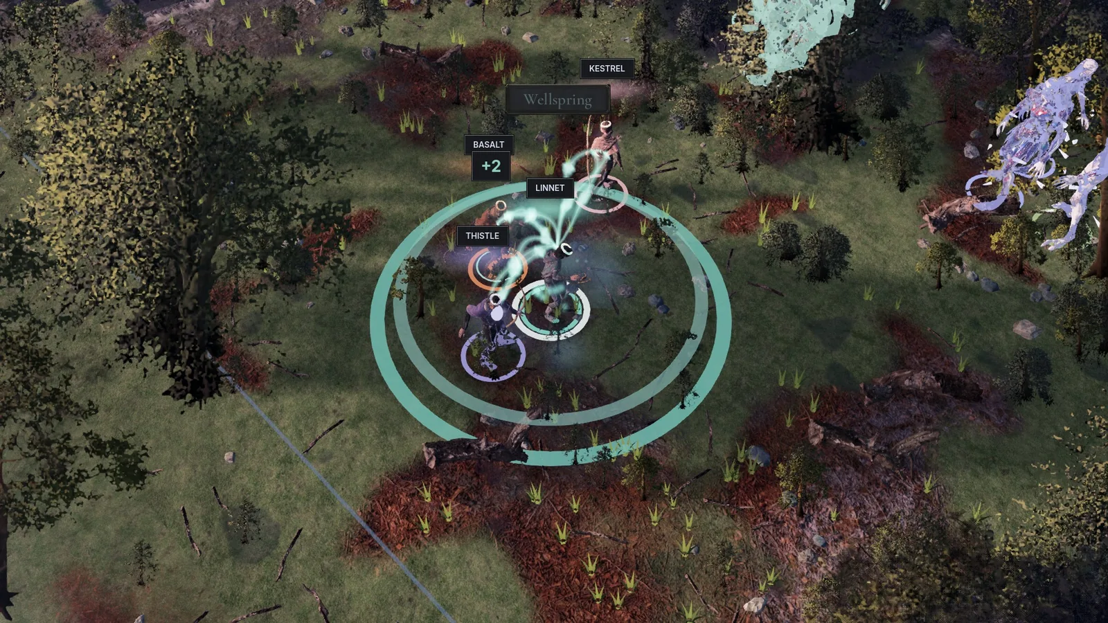 Wellspring: teal rings heal the whole squad around the Mender in a forest