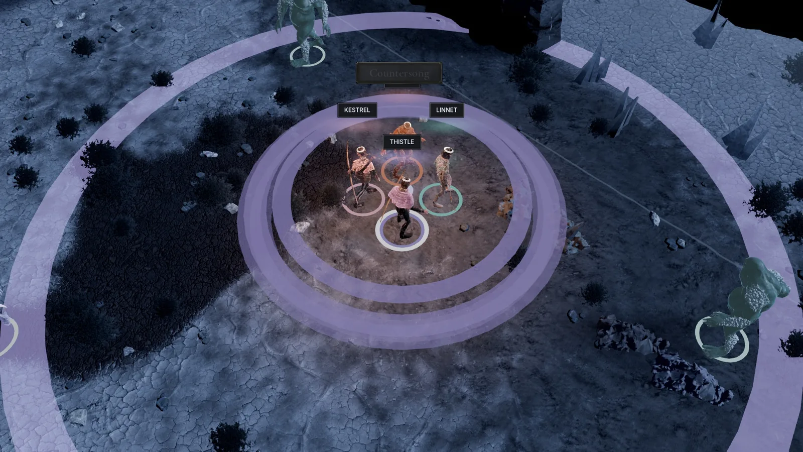 Countersong: wide violet rings spread from the Voice over the squad on a salt flat at night