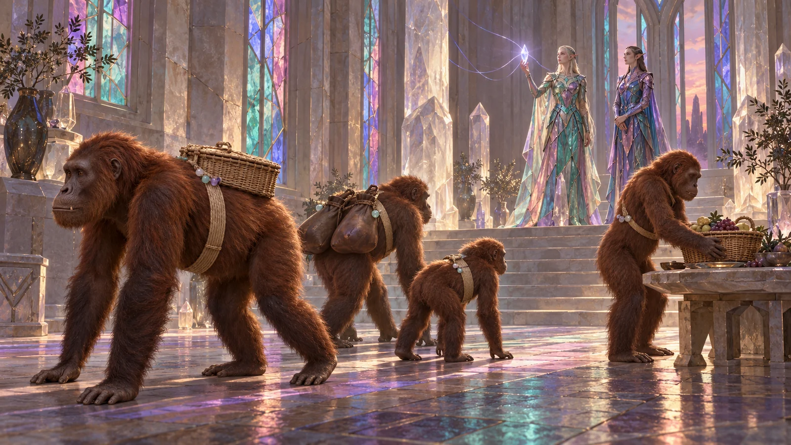 Red-brown Ramapithecus apes carrying a basket, water skins and fruit through a Tuatha hall of salt-glass and stained glass while two Tuatha Dé Danann look on