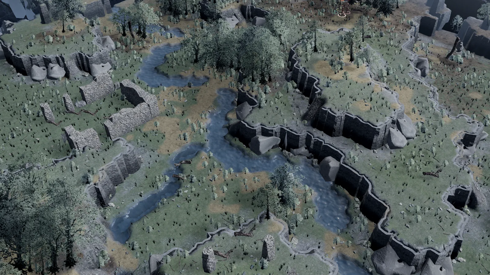 A wide view of a parkland battlefield by day: rivers, cliff terraces, dry-stone walls, standing stones and woods