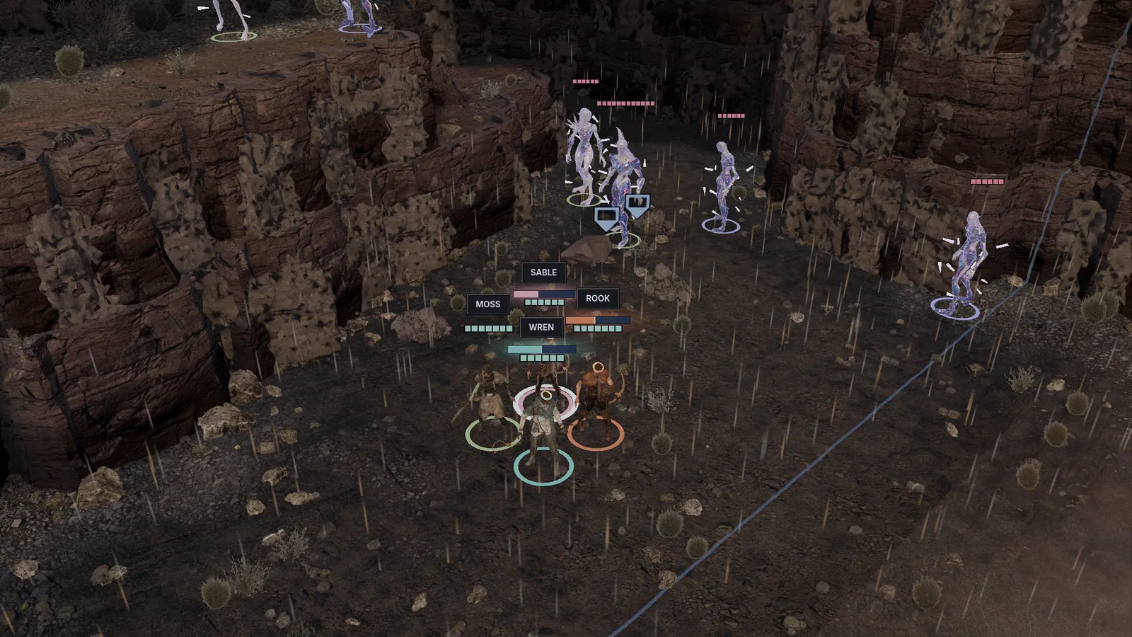 A canyon by day in a dust storm, the squad facing Glass Court units through driven grit