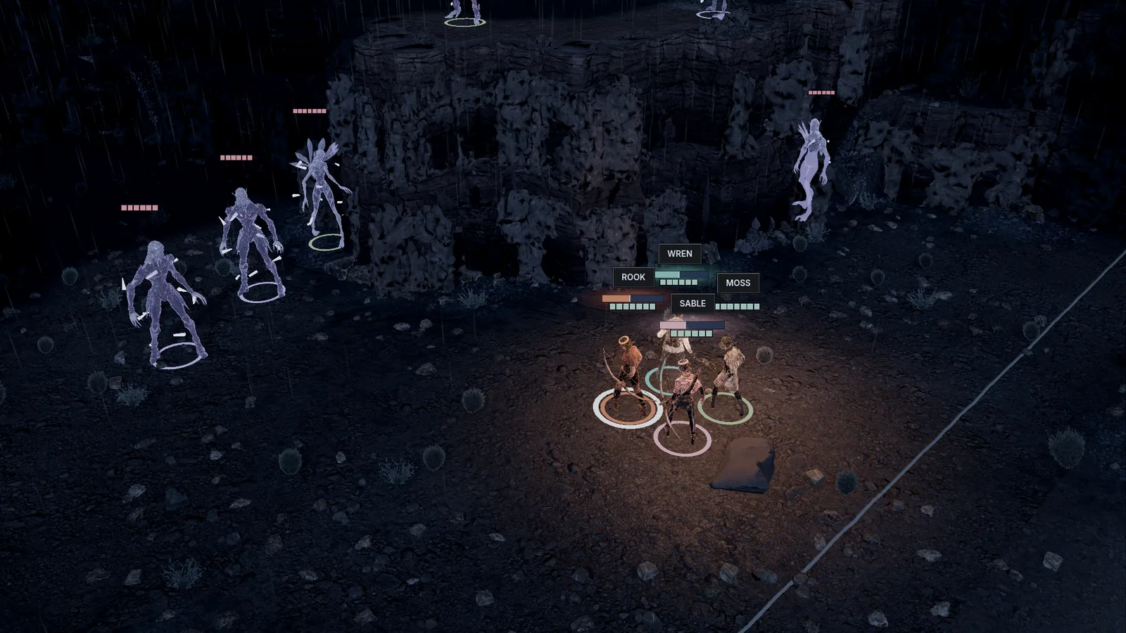 A canyon at night in rain, the squad lit by torchlight and Glass Court figures in the dark