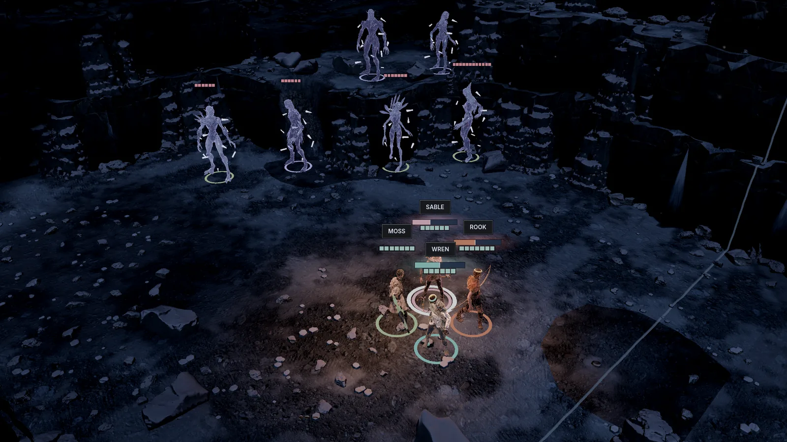 An alpine plateau at night with snow on the rocks, Glass Court units on the shelves above the squad