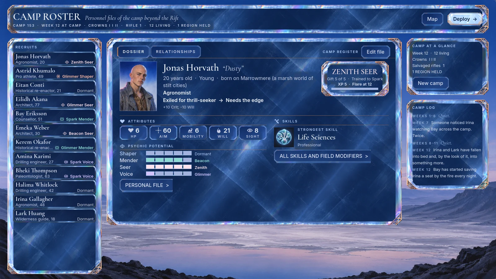 The camp roster: a dossier for each exile, with attributes, psychic potential and skills
