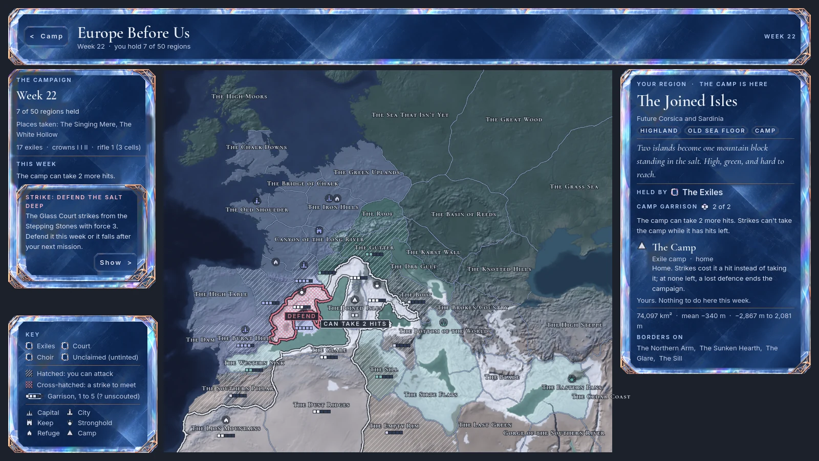 The campaign map of prehistoric Europe with regions held by the exiles and two rival powers
